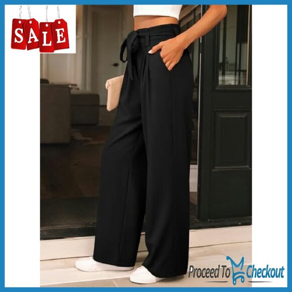 Wide Leg Paperbag Waist Dress Pants Women's Business Casual Trousers - Picture 4 of 8